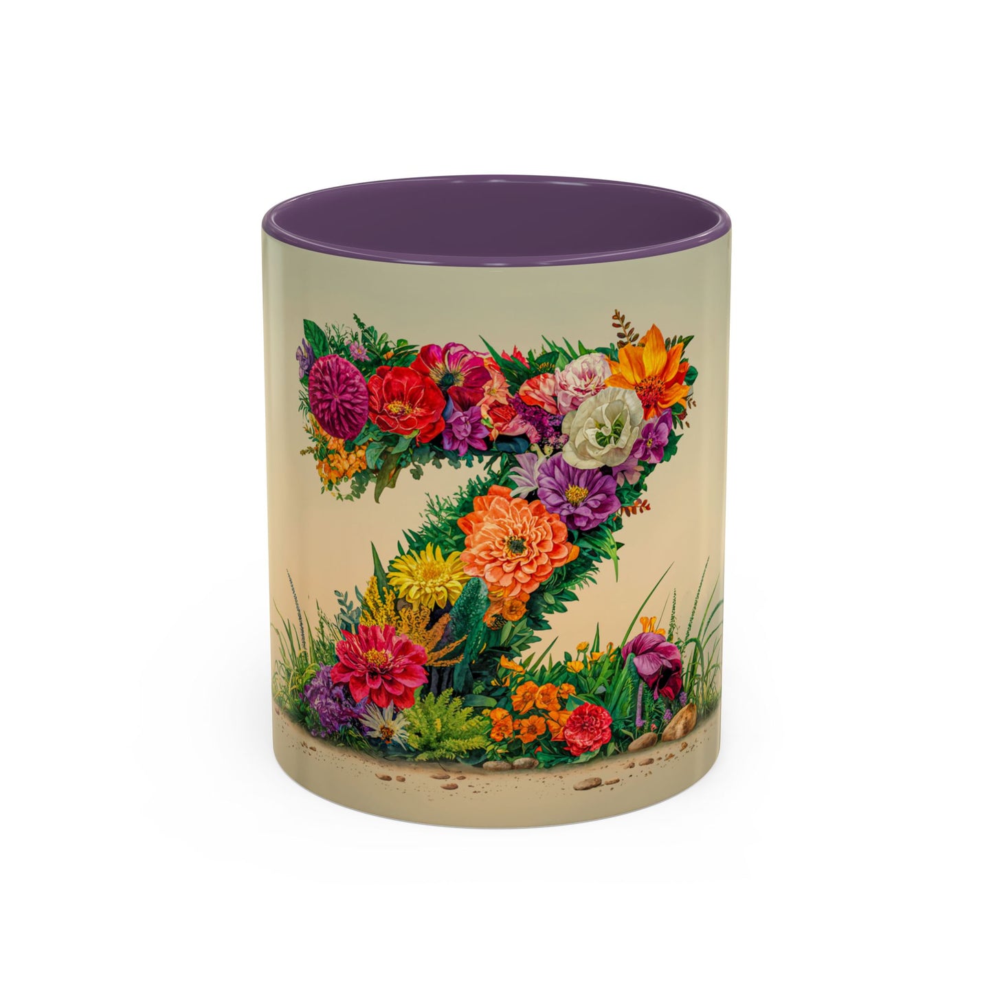 Mug with floral design and purple interior on a beige background