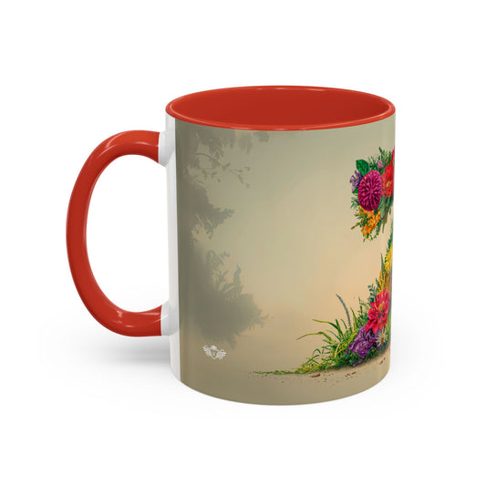 Mug with red interior and handle, featuring a floral design on a beige background.