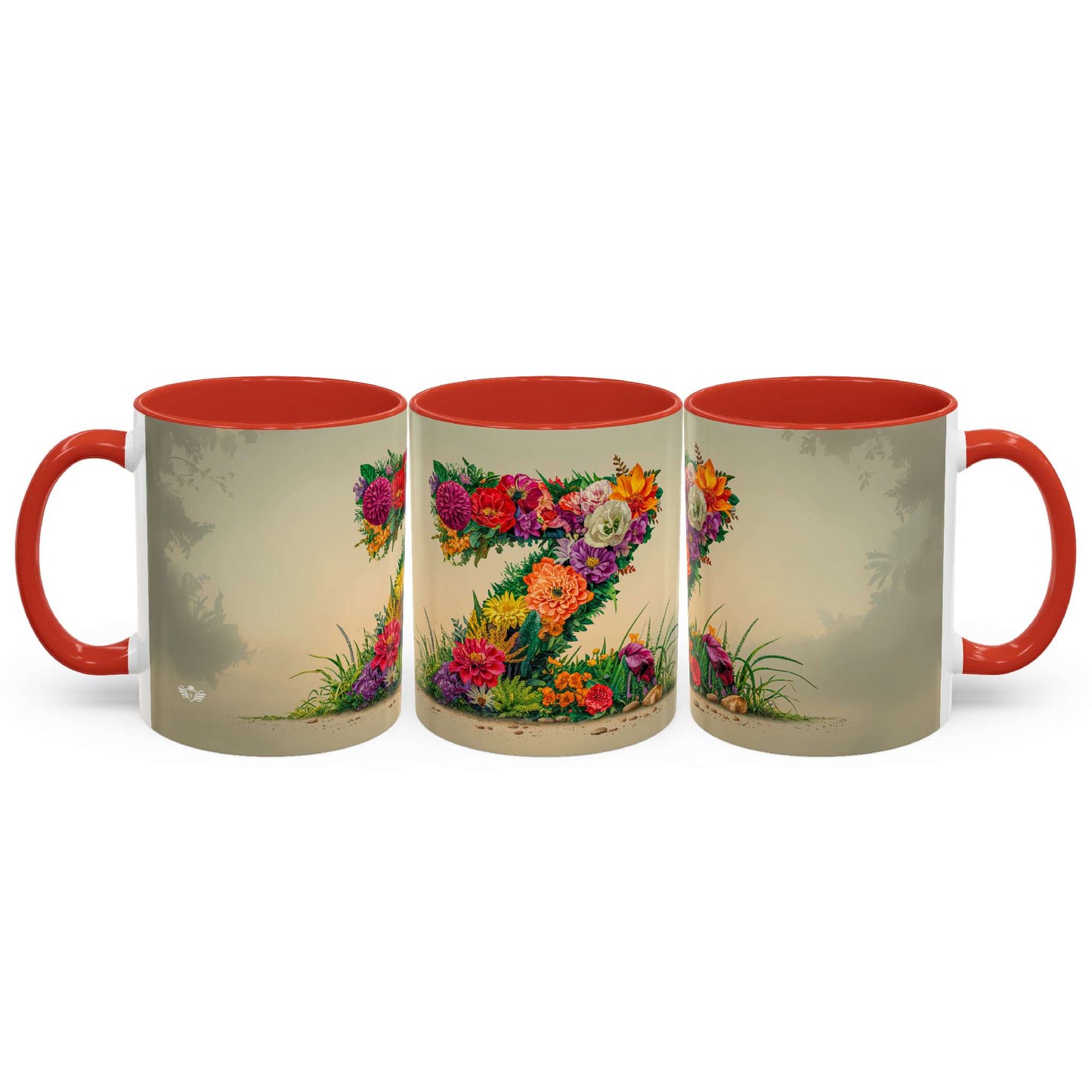 Three mugs with floral designs on a beige background