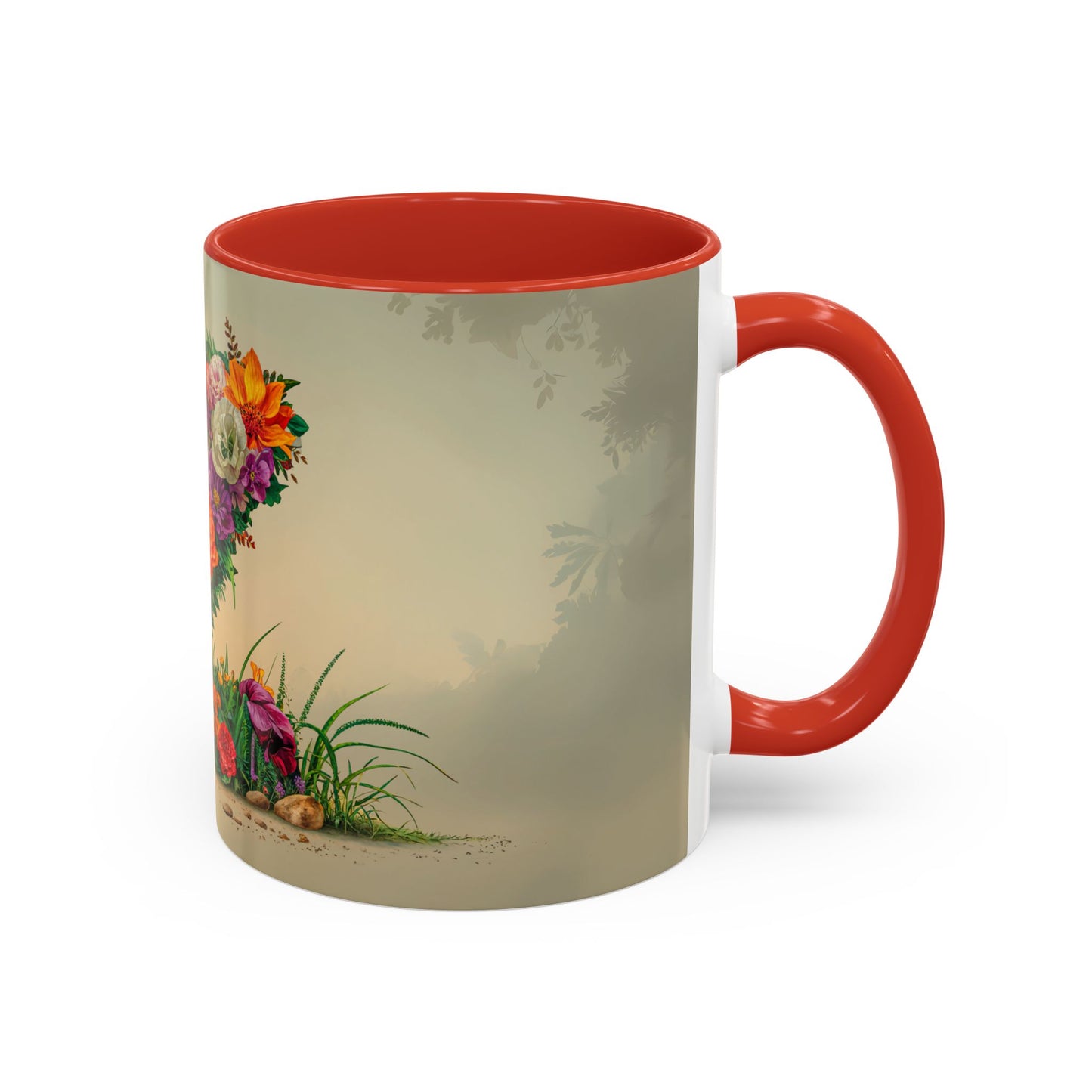 Mug with floral design and red handle and interior on a white background