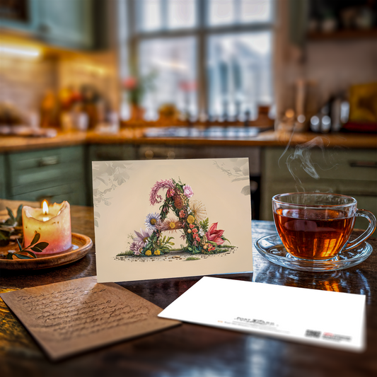 Floral letter 'A' card on a kitchen counter with a cup of tea and candle.