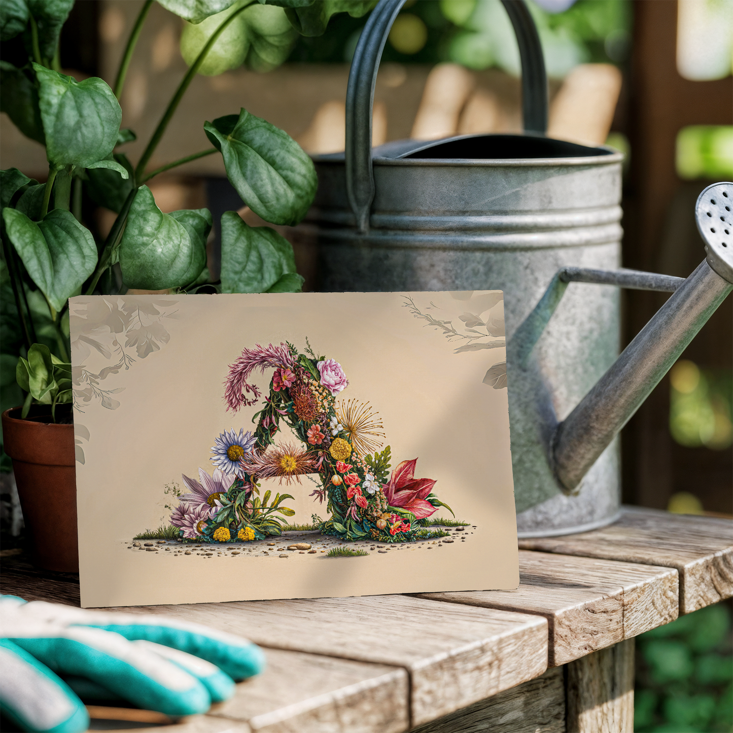 Floral letter 'A' card on a wooden table with gardening tools and plants.