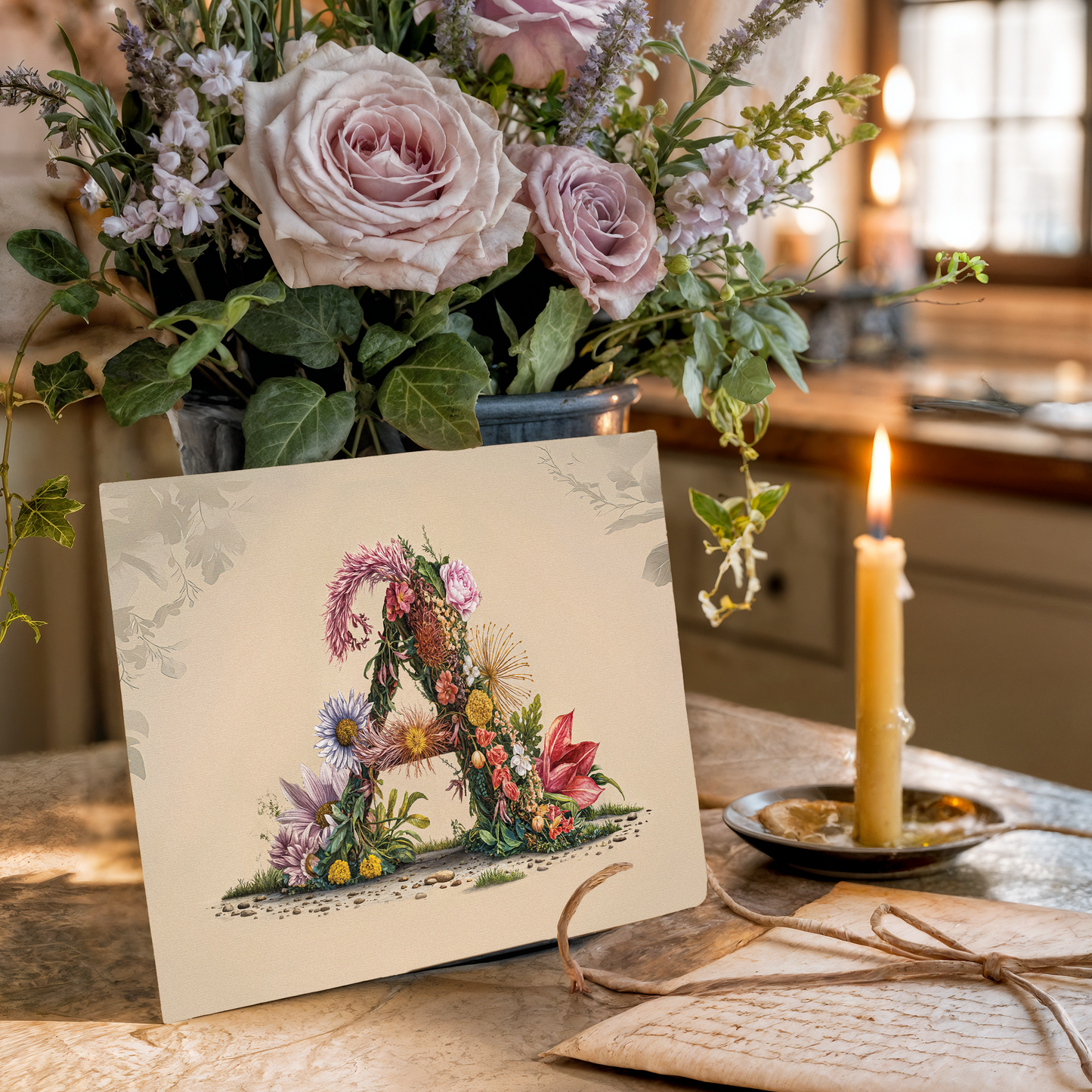 Floral arrangement with a card featuring a decorative letter 'A' on a table.