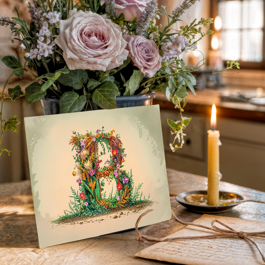 Floral arrangement with a card featuring a decorative letter 'B' on a wooden surface.
