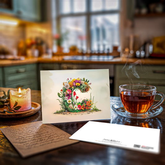 Tea cup with steam, greeting card with floral design letter C, and candle on a kitchen counter.