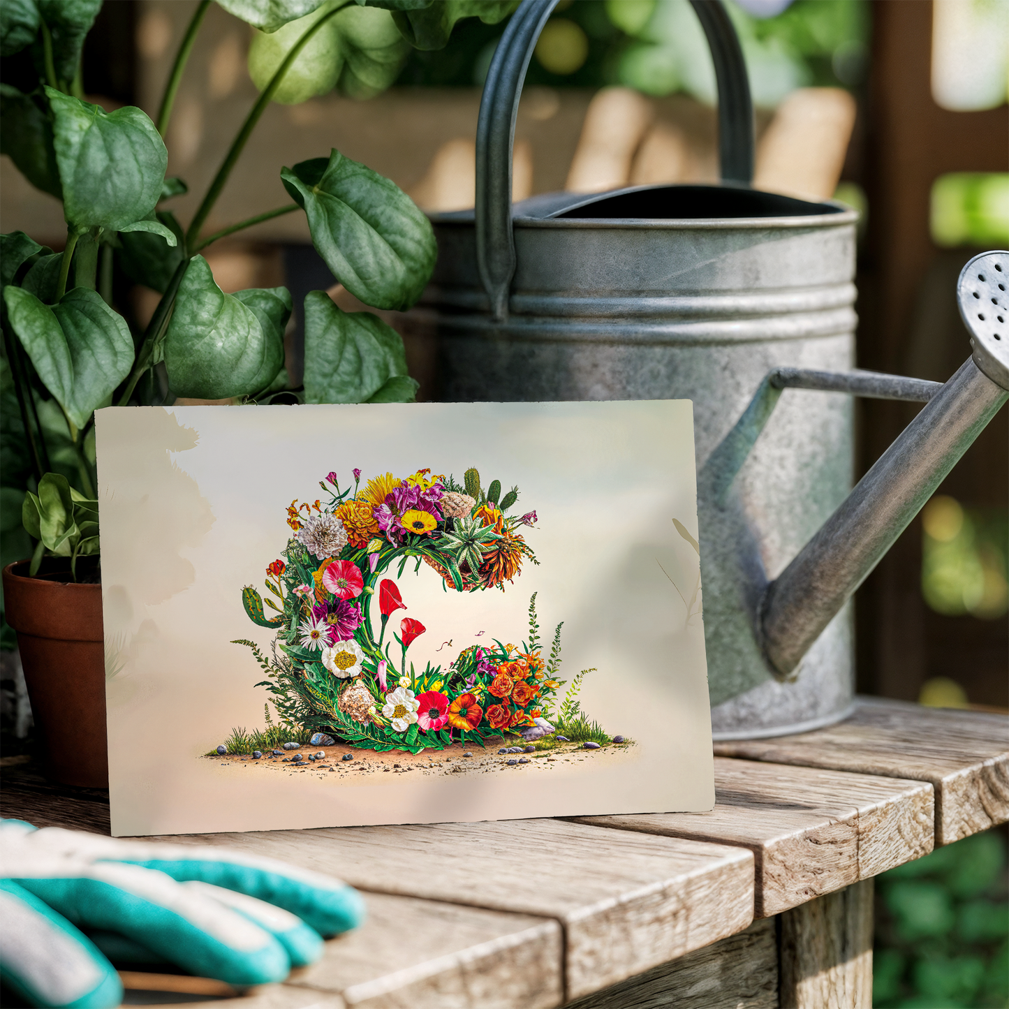 Floral Floral card with letter C design, a watering can, gloves, and plants on a wooden surface.