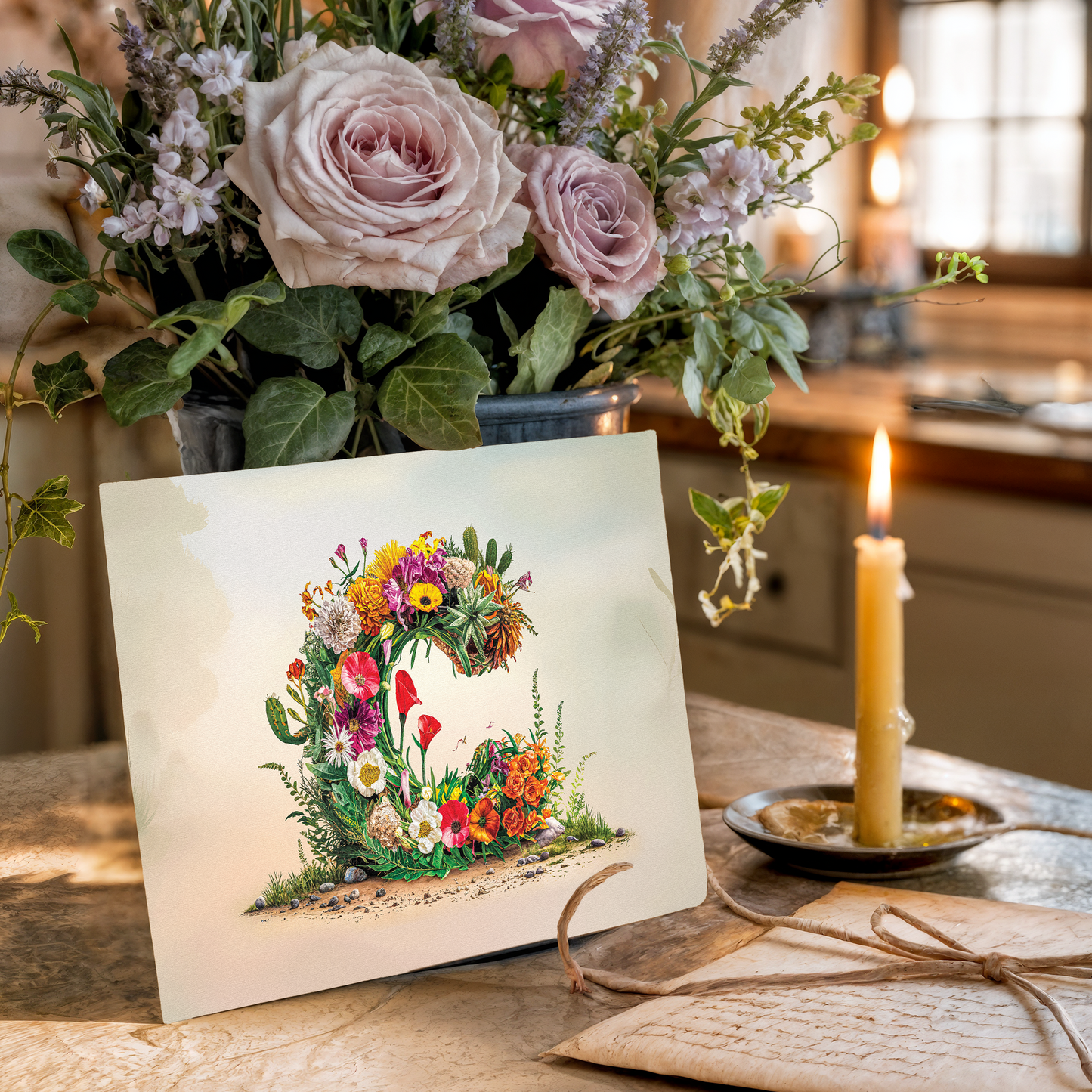 Floral arrangement with a candle and decorative card with floral letter C on a table.