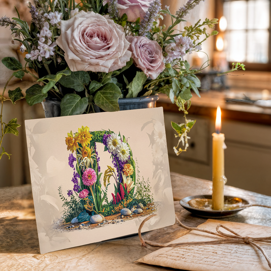 Floral arrangement with a candle and decorative card with letter D on a table.