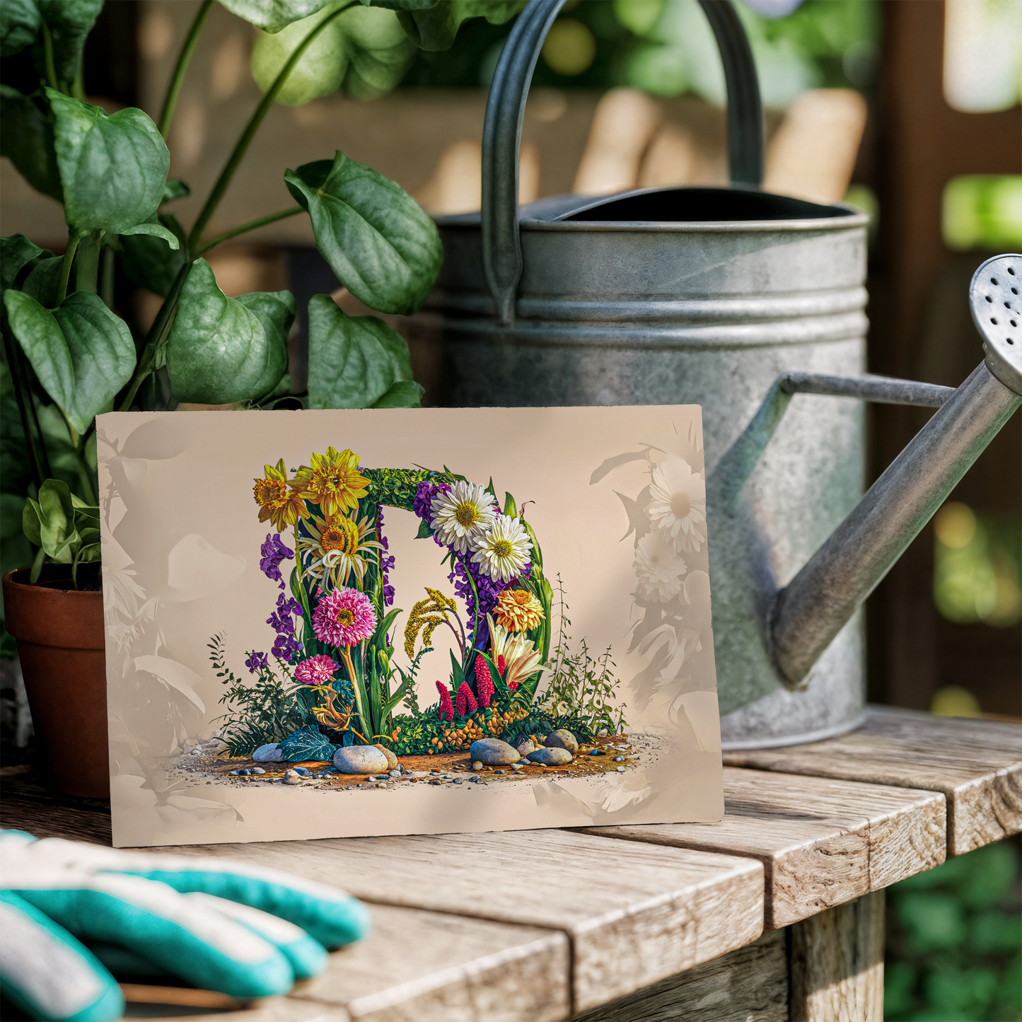 Floral letter 'D' card on a wooden surface with gardening tools and plants.