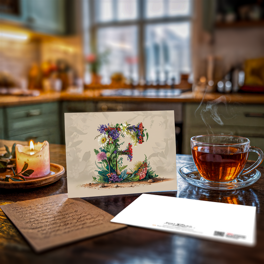Floral card with letter E, a cup of tea and candle on a kitchen counter