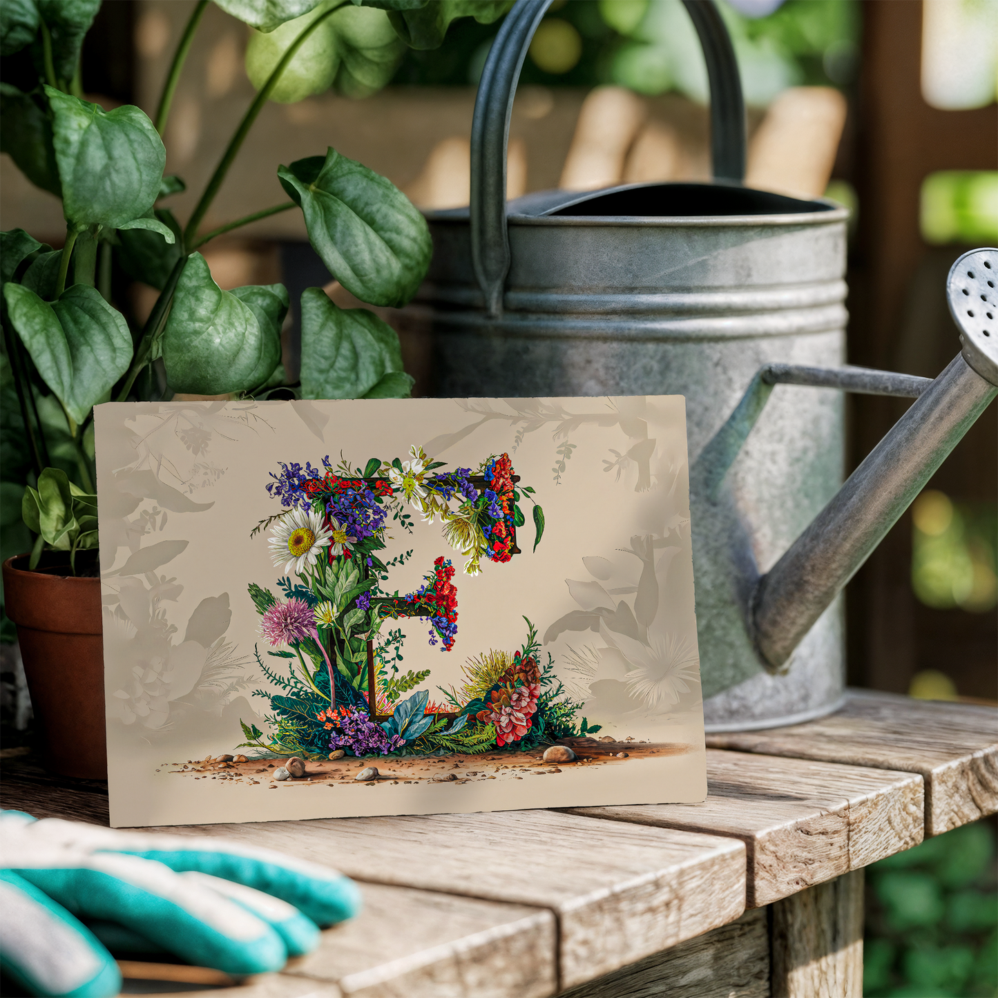 Floral letter 'F' card on a wooden surface with a watering can and gloves in the background