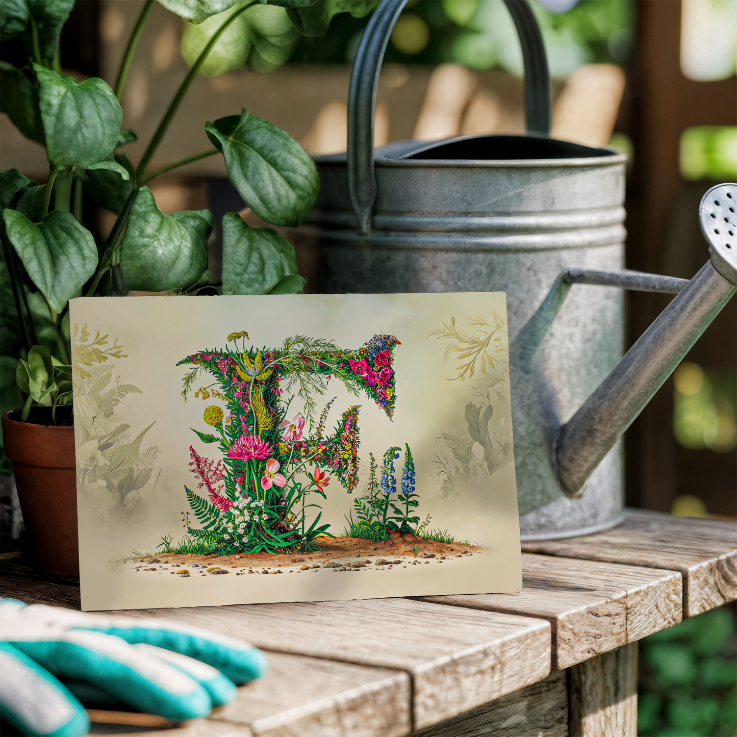 Card with floral letter 'F' design on a wooden table with a watering can and gloves.