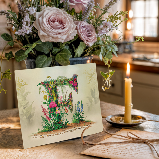 Floral arrangement with a card featuring a decorative letter 'F' on a table.
