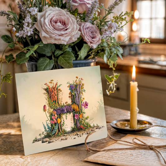 Floral arrangement with a card featuring a decorative letter 'H' on a table.