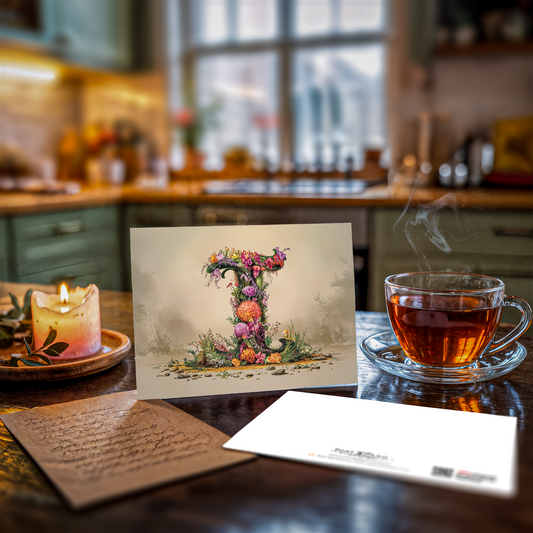 Floral letter 'I' card on a kitchen counter with a cup of tea and candle.