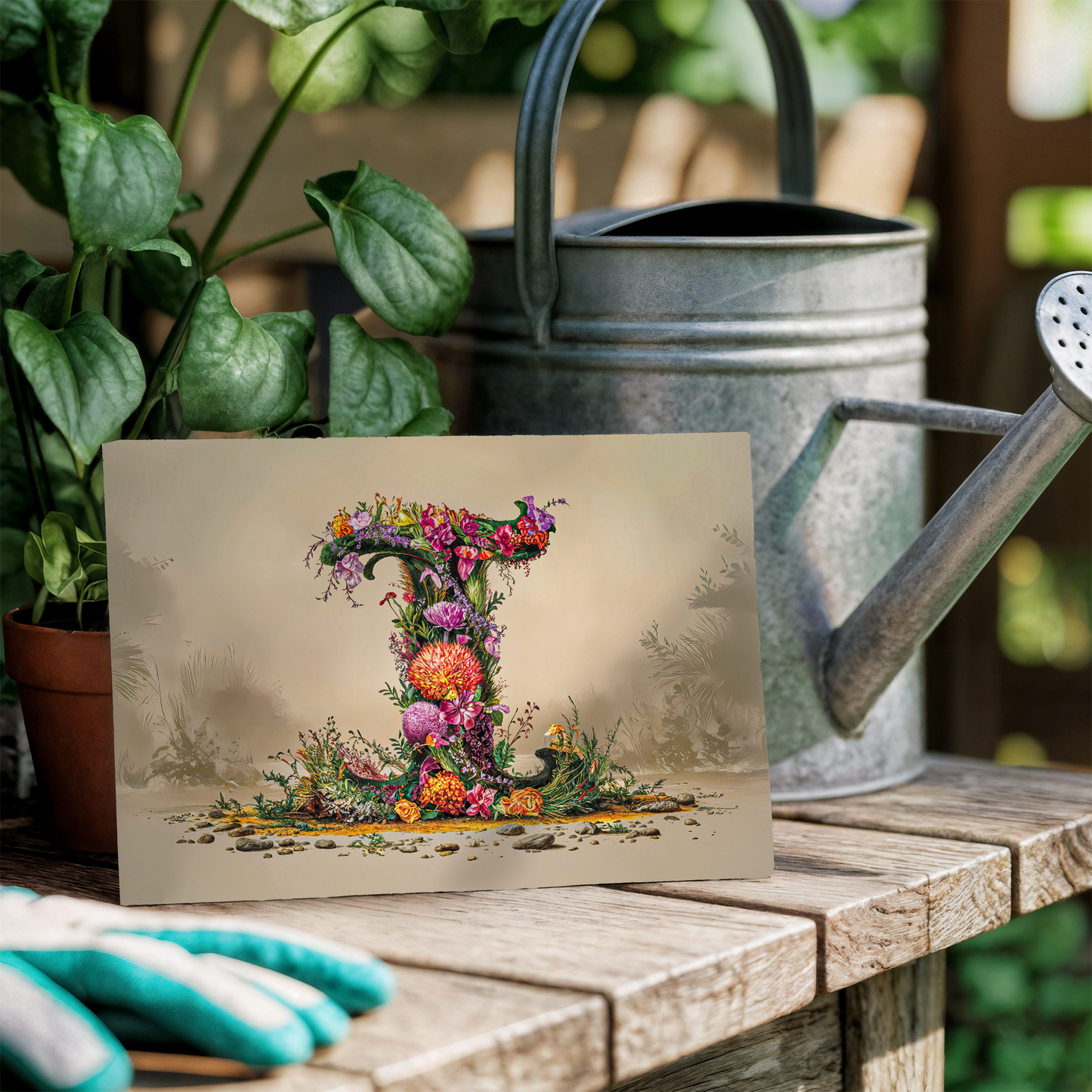 Floral letter 'I' on a card with a watering can and gloves in a garden setting