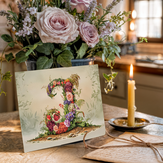Floral arrangement with a card featuring a decorative letter 'J' on a table.
