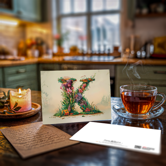 Kitchen counter with a floral letter 'K' card, lit candle, and steaming cup of tea.