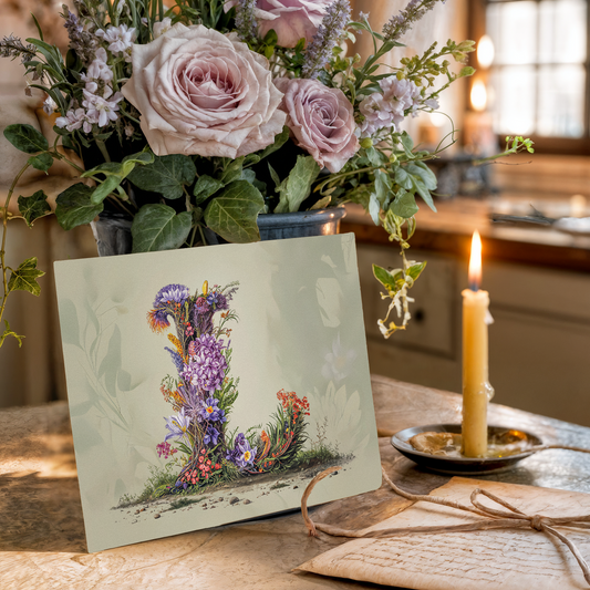 Floral arrangement with a card featuring a floral letter L design on a table.