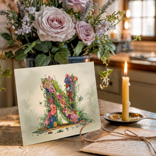 Floral arrangement with a card featuring a decorative letter 'N' on a table.
