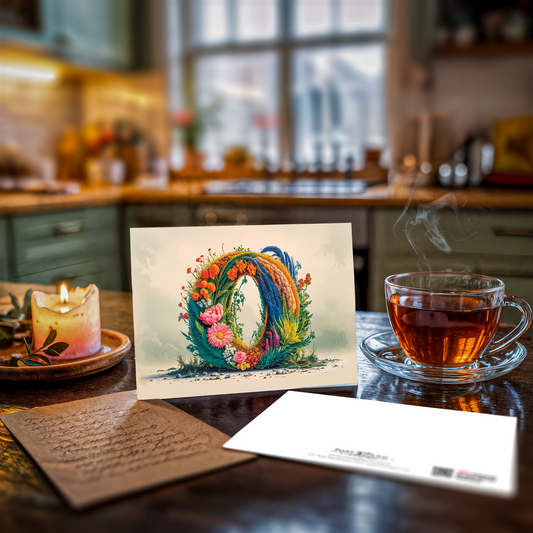 Colorful postcard card with floral letter O design on a kitchen counter with a cup of tea and candle.