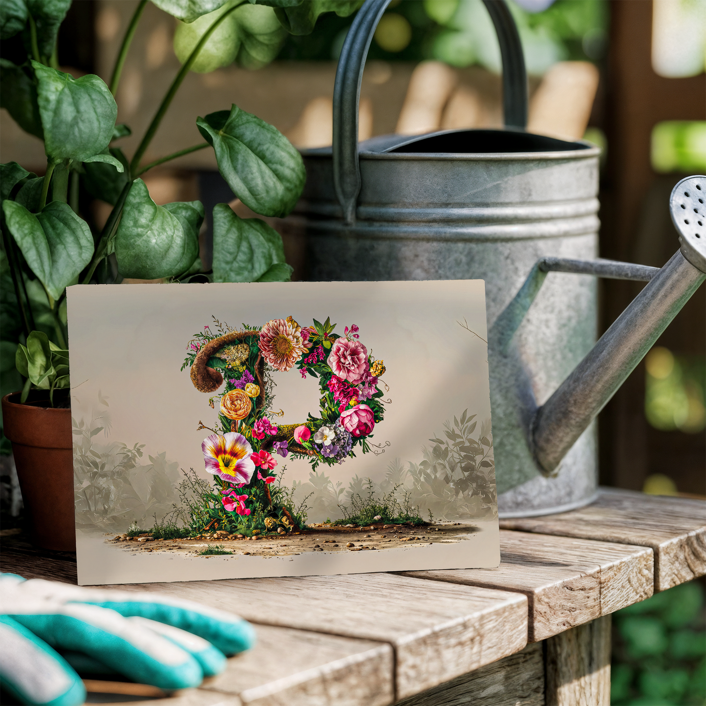Card with floral letter P design on a wooden table with a watering can and gloves.