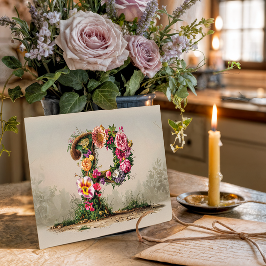Floral arrangement with a card featuring a floral letter P on a table with a candle.