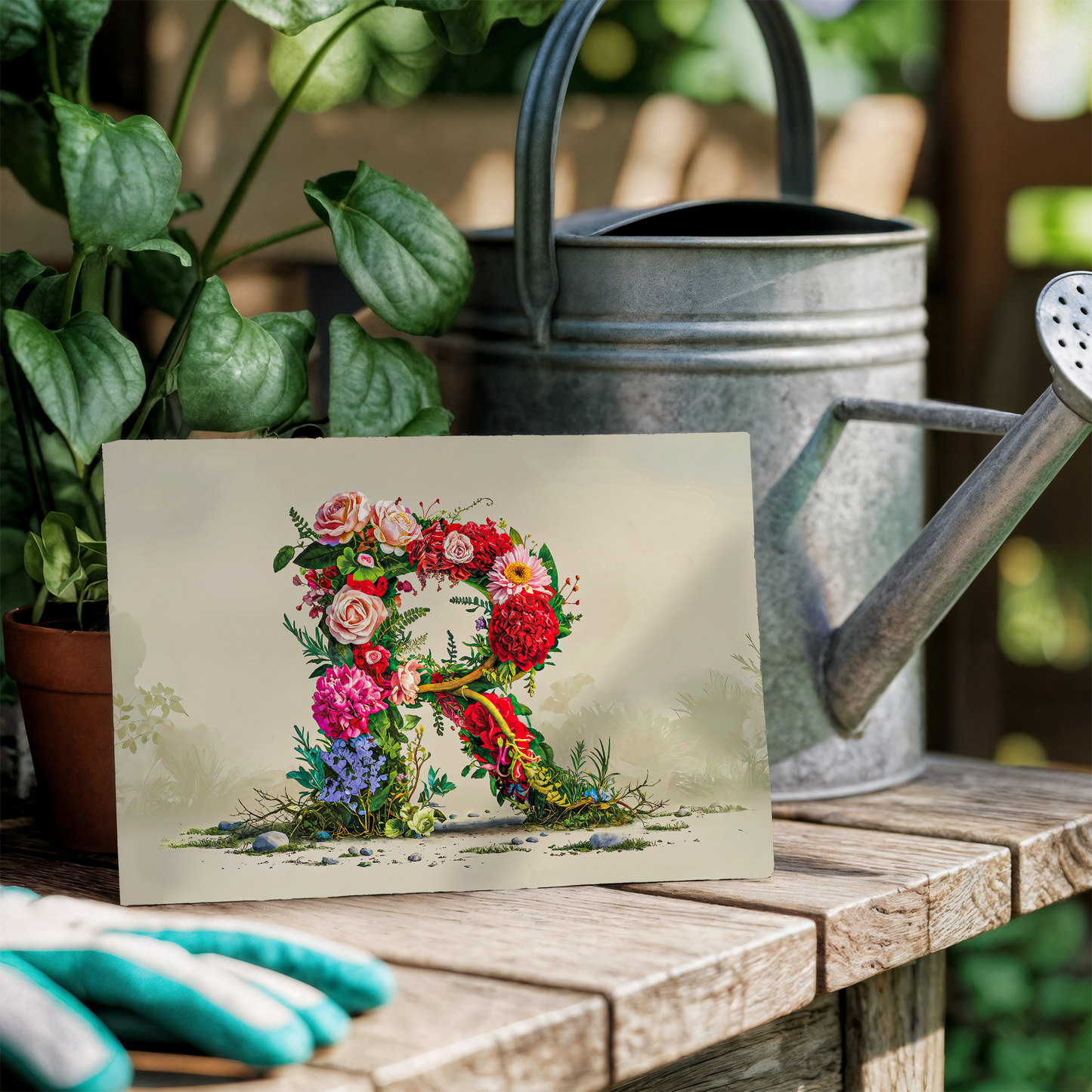 Floral letter 'P' on a postcard with gardening tools and plants in the background