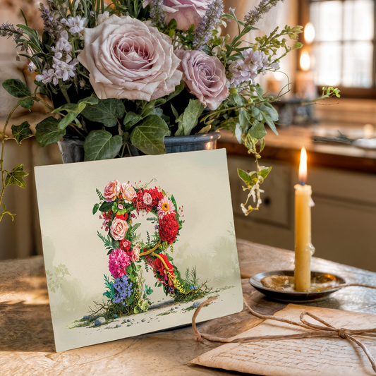 Floral arrangement with a postcard featuring a decorative letter 'P' on a table with a candle.