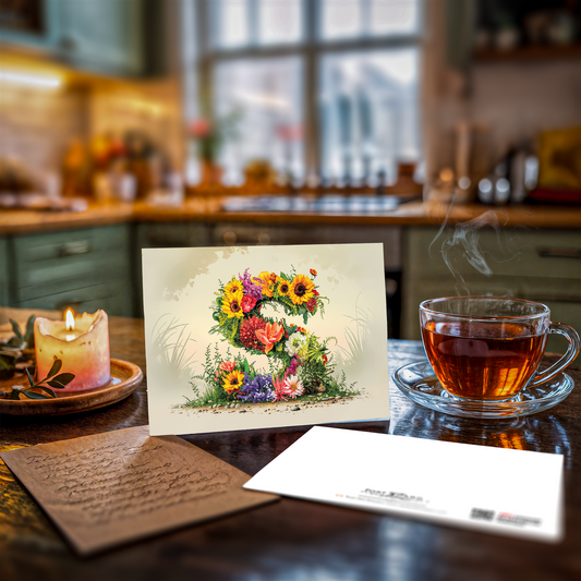 Postcard with a floral letter S on a wooden table
