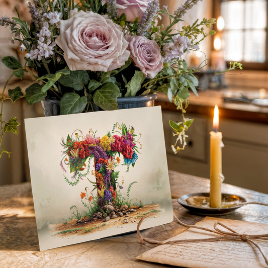 Floral arrangement with a candle and a postcard with floral letter T design on a table.
