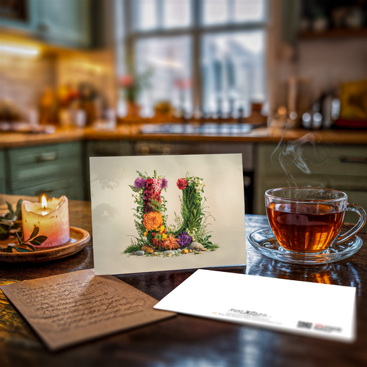Postcard with floral letter U design on a wooden table