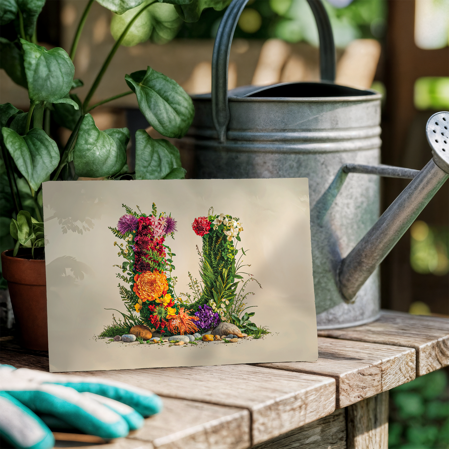 Floral letter 'U' on a postcard with gardening tools and plants in the background