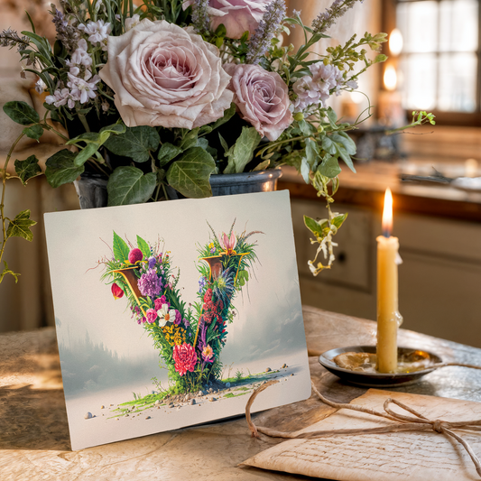 Floral arrangement with a postcard featuring a decorative letter 'V' on a table.