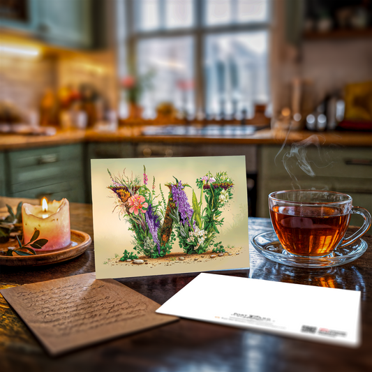 Floral postcard with letter 'W' on a kitchen counter with a cup of tea and candle.