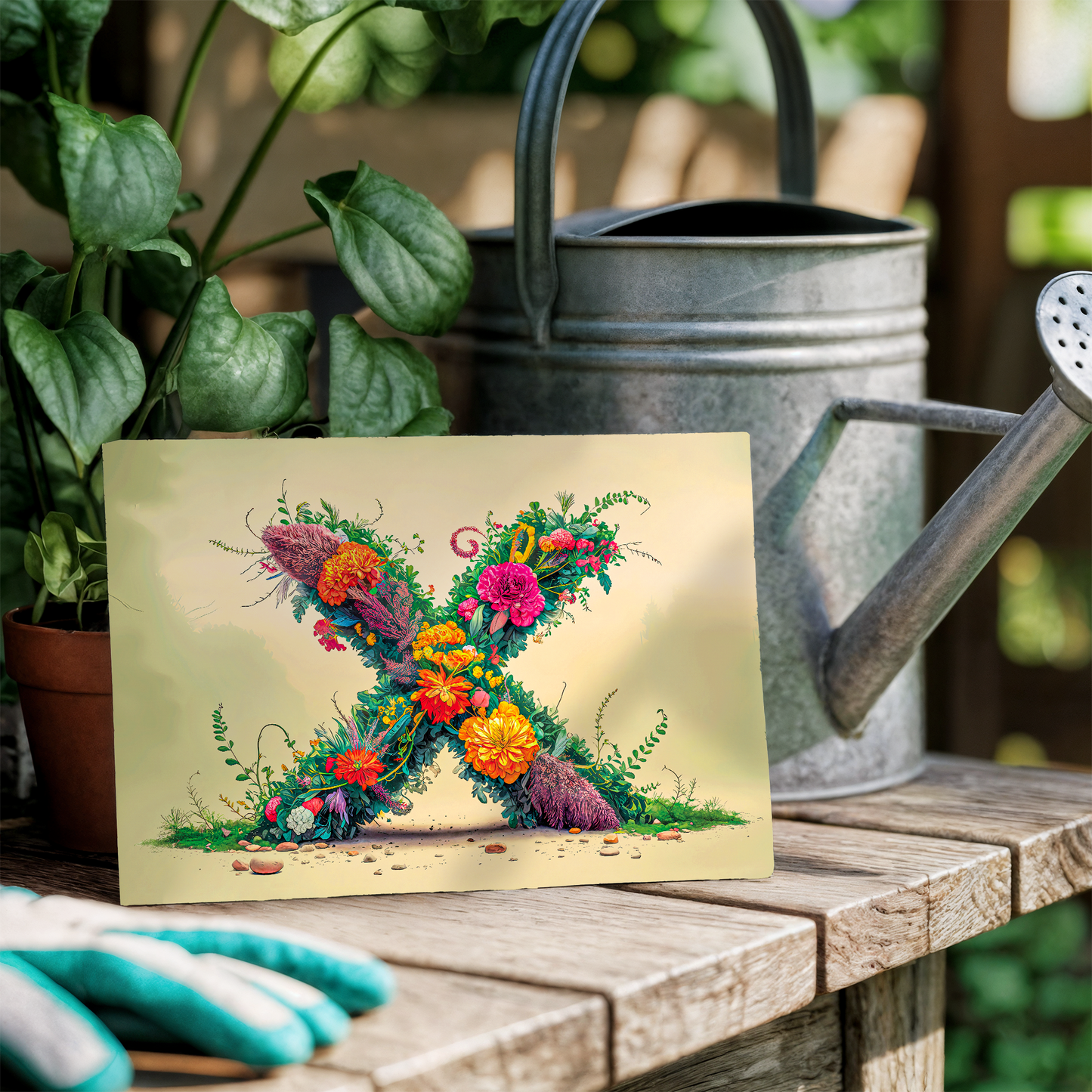 Postcard with floral letter design on a wooden table
