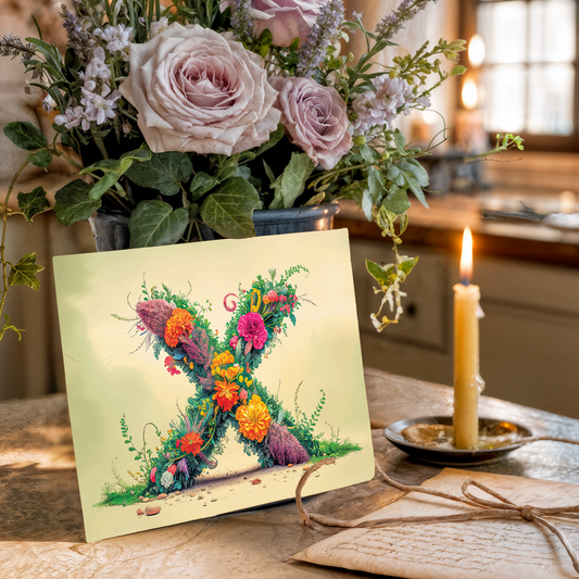 Postcard with a decorative letter 'X' on a table with a candle.