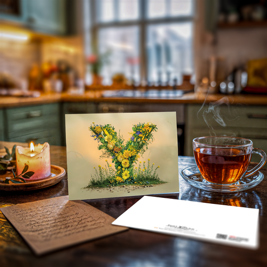 Postcard with floral letter 'Y' design on a kitchen counter with a cup of tea and candle.