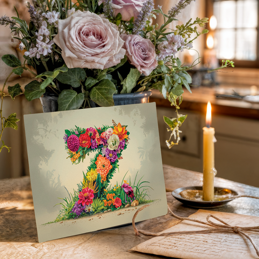 Postcard with floral letter X design on a wooden table