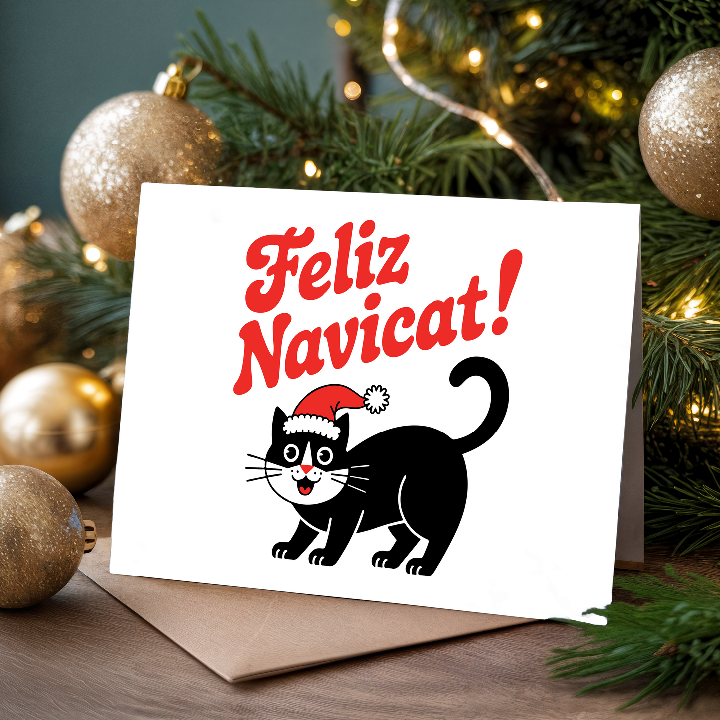 Christmas card with a black cat wearing a Santa hat and "Feliz Navicat!" text, surrounded by Christmas decorations.