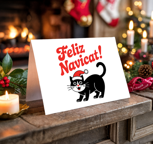 Christmas card with a black cat wearing a Santa hat and "Feliz Navicat!" text, placed on a festive background.