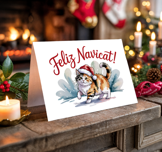 Christmas card with a cat wearing a Santa hat on a festive background with candles and stockings.