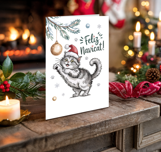 Christmas card with a cat wearing a Santa hat on a festive background with candles and decorations.