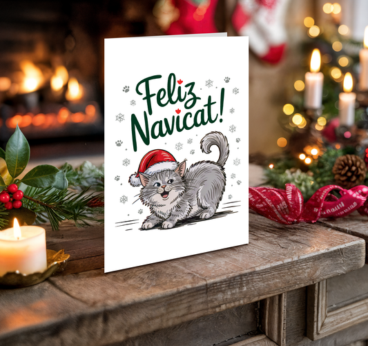Christmas card with a cat wearing a Santa hat on a festive background with candles and decorations.