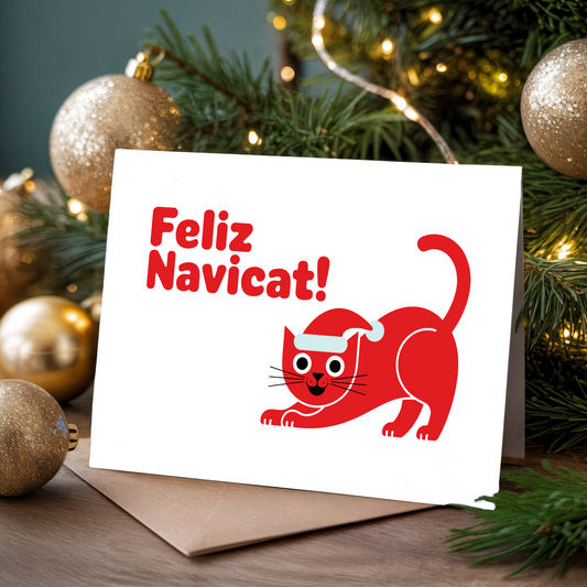 Christmas card with a red cat illustration and "Feliz Navicat!' text, surrounded by Christmas decorations.
