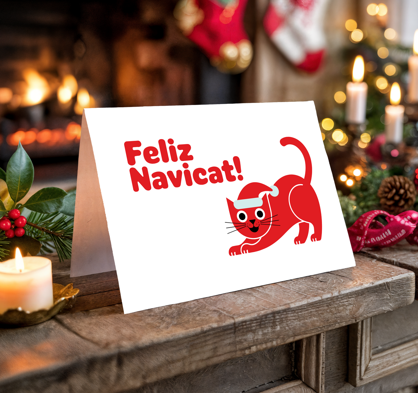 Christmas card with a red cat illustration and "Feliz Navicat!" text on a festive background.