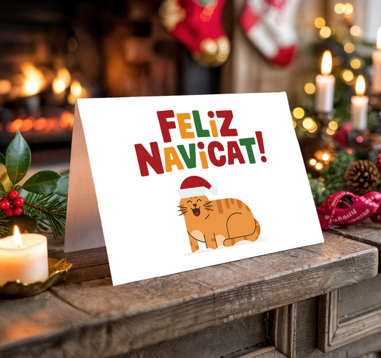 Christmas card with a cat illustration and "Feliz Navicat!" text on a festive background.