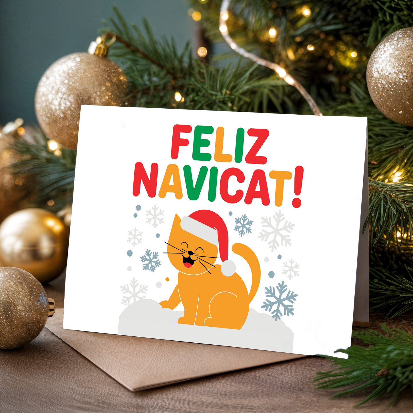 Christmas card with a cat wearing a Santa hat and "Feliz Navicat!' text, surrounded by Christmas decorations.