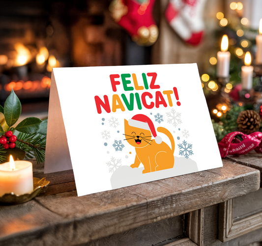 Christmas card with a cat illustration and "Feliz Navicat!" text on a festive background.