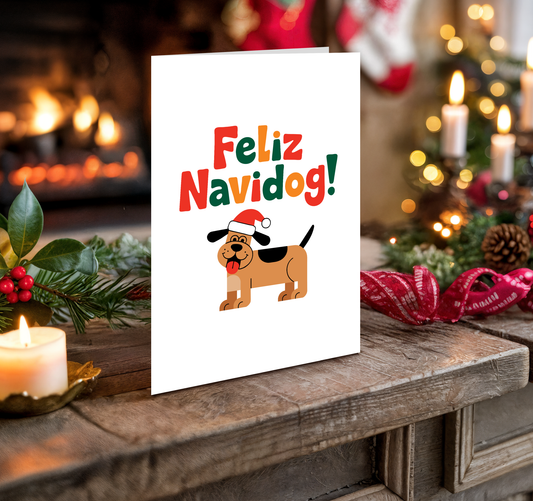 Christmas card with a dog illustration and "Feliz Navedog!" text on a festive background.